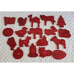 (18) VTG Christmas Red Plastic Cookie Cutters Lot Bell Tree Santa Cat Church Set